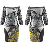 New Zealand Fantail Bird Family Matching Off The Shoulder Long Sleeve Dress and Hawaiian Shirt Maori Piwakawaka Kowhai Maori Pattern