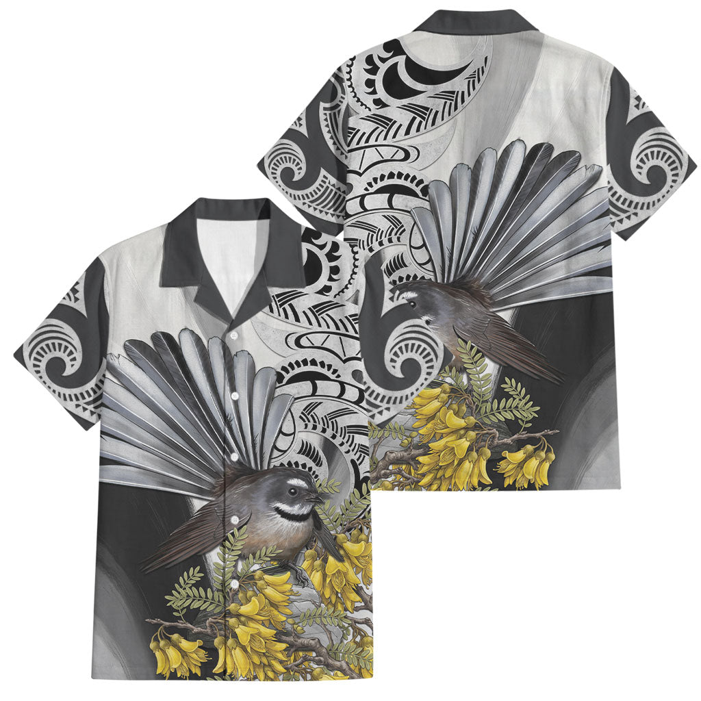 New Zealand Fantail Bird Family Matching Off The Shoulder Long Sleeve Dress and Hawaiian Shirt Maori Piwakawaka Kowhai Maori Pattern
