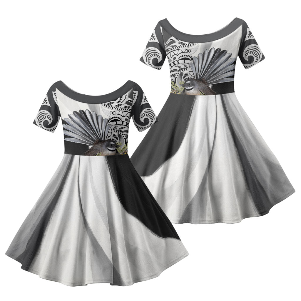 New Zealand Fantail Bird Family Matching Off Shoulder Maxi Dress and Hawaiian Shirt Maori Piwakawaka Kowhai Maori Pattern