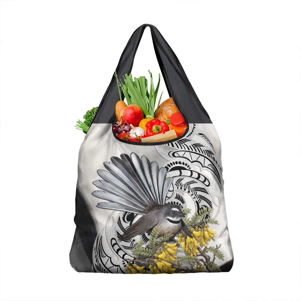 New Zealand Fantail Bird Grocery Bag Maori Piwakawaka Kowhai Maori Pattern LT22 1-pack One Size Grey - Polynesian Pride