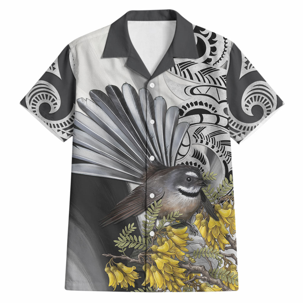 New Zealand Fantail Bird Hawaiian Shirt Maori Piwakawaka Kowhai Maori Pattern LT22 Grey - Polynesian Pride