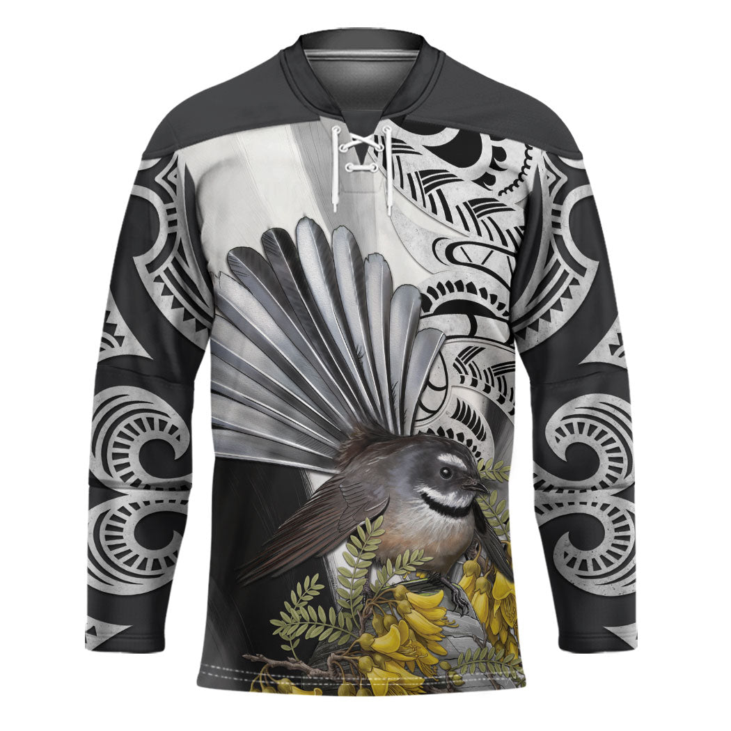New Zealand Fantail Bird Hockey Jersey Maori Piwakawaka Kowhai Maori Pattern LT22 Unisex Grey - Polynesian Pride