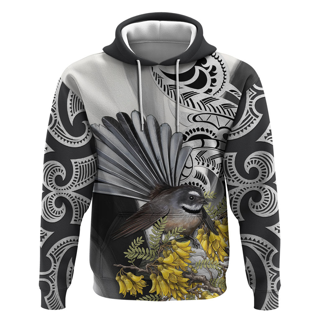 New Zealand Fantail Bird Hoodie Maori Piwakawaka Kowhai Maori Pattern LT22 Pullover Hoodie Grey - Polynesian Pride