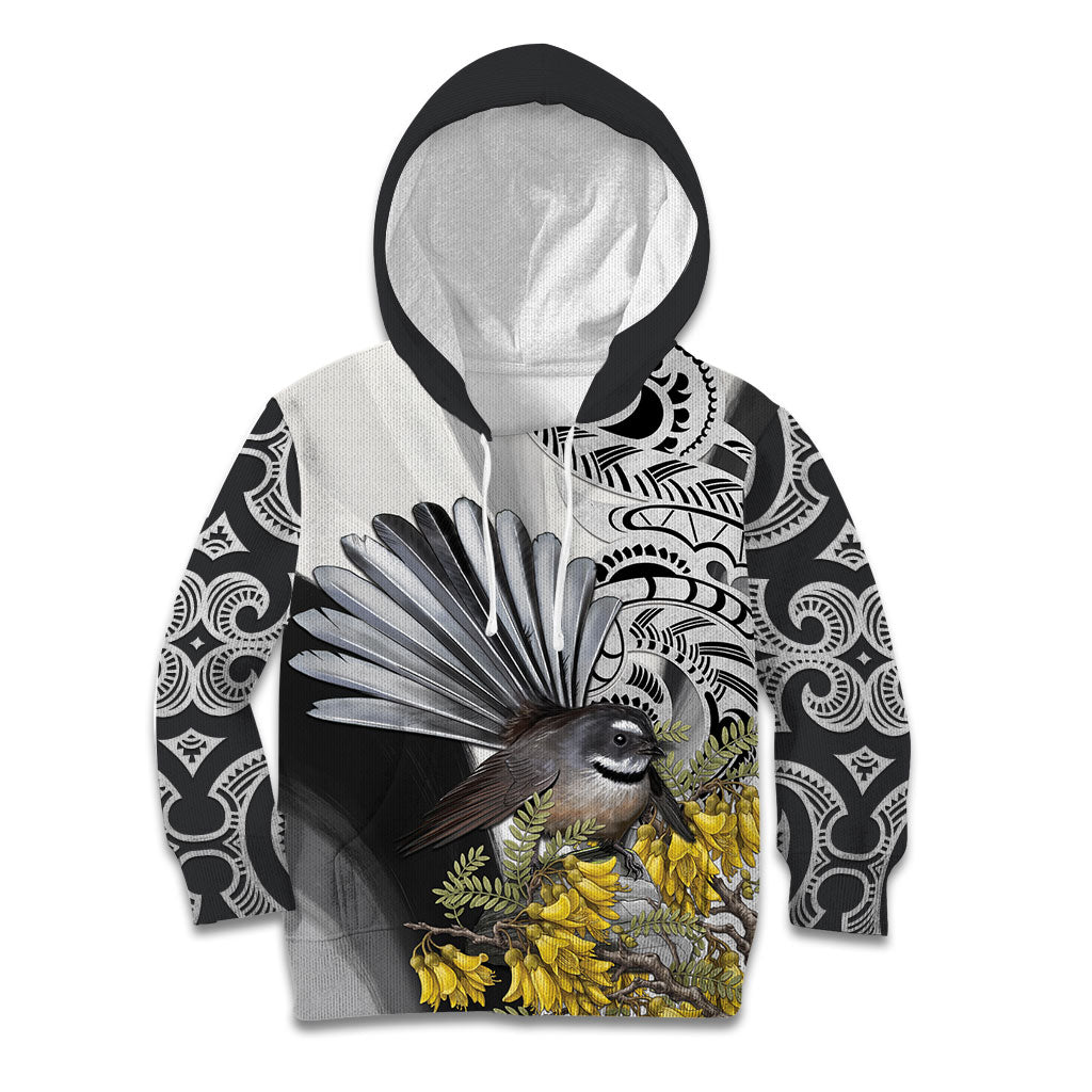New Zealand Fantail Bird Kid Hoodie Maori Piwakawaka Kowhai Maori Pattern LT22 Hoodie Grey - Polynesian Pride