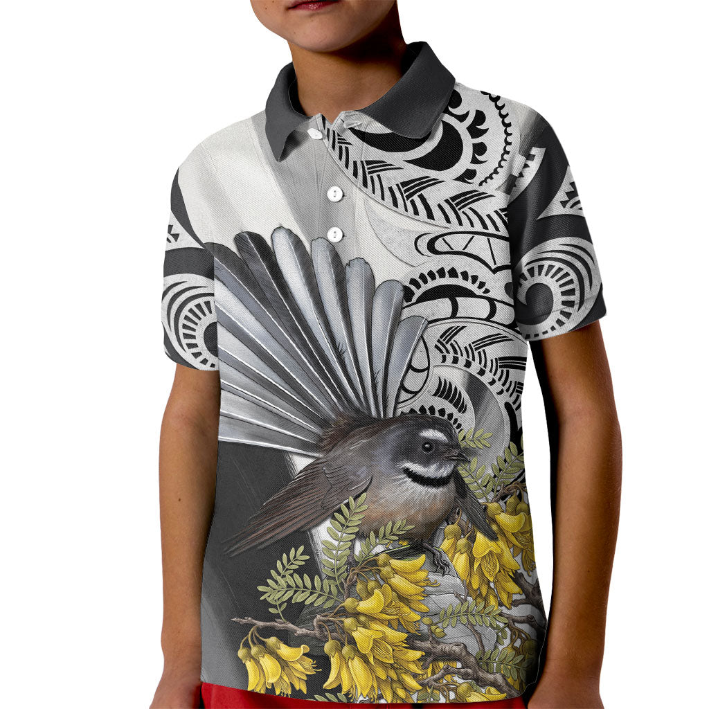 New Zealand Fantail Bird Kid Polo Shirt Maori Piwakawaka Kowhai Maori Pattern LT22 Kid Grey - Polynesian Pride