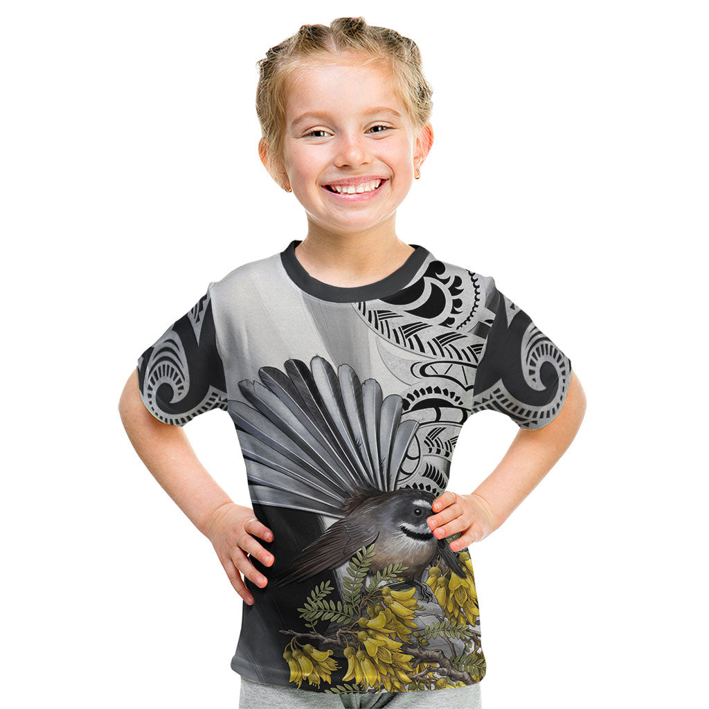 New Zealand Fantail Bird Kid T Shirt Maori Piwakawaka Kowhai Maori Pattern LT22 Grey - Polynesian Pride