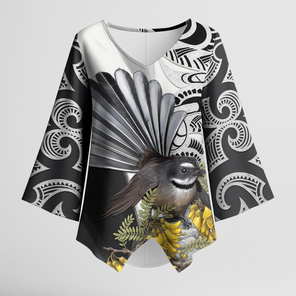 New Zealand Fantail Bird Kimono Sleeve Blouse Maori Piwakawaka Kowhai Maori Pattern LT22 Female Grey - Polynesian Pride
