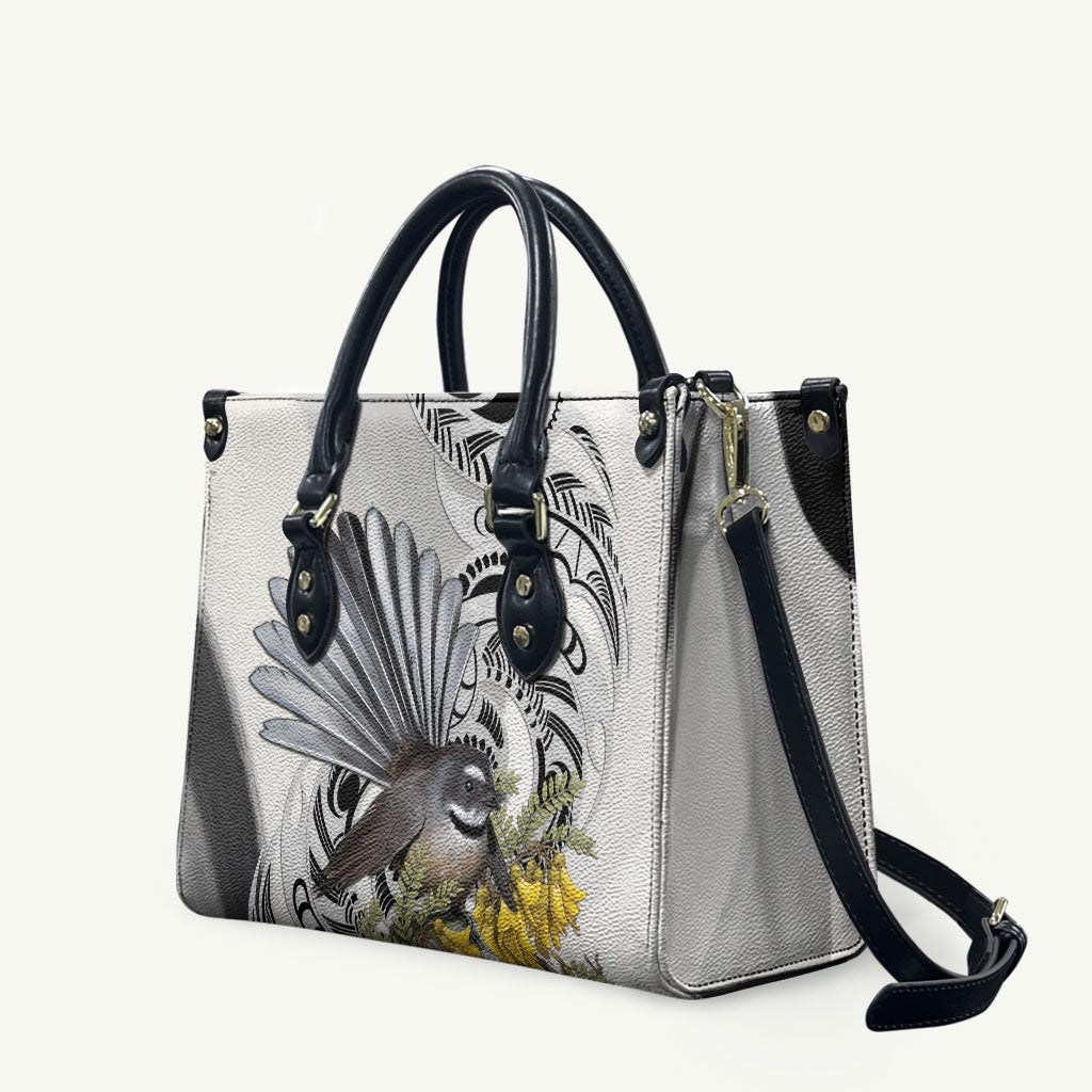 New Zealand Fantail Bird Leather Bag Maori Piwakawaka Kowhai Maori Pattern LT22 Grey - Polynesian Pride
