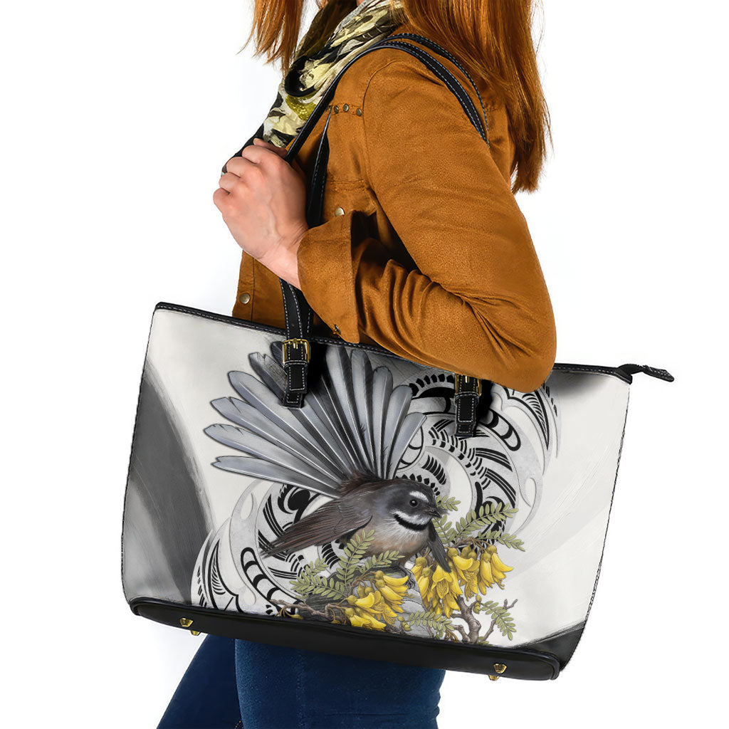 New Zealand Fantail Bird Leather Tote Bag Maori Piwakawaka Kowhai Maori Pattern LT22 Grey - Polynesian Pride