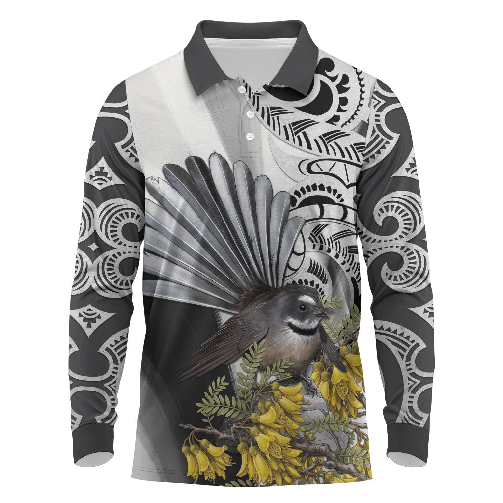 New Zealand Fantail Bird Long Sleeve Polo Shirt Maori Piwakawaka Kowhai Maori Pattern LT22 Grey - Polynesian Pride