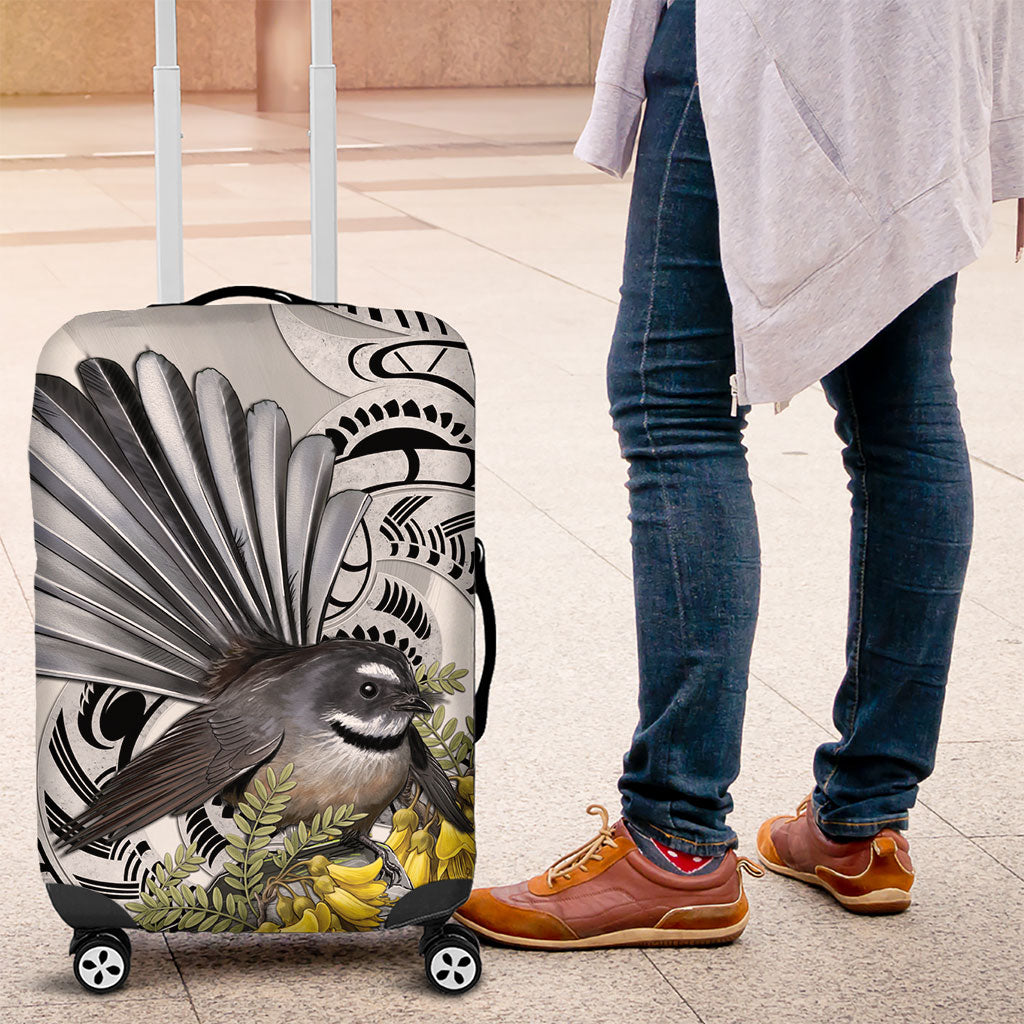 New Zealand Fantail Bird Luggage Cover Maori Piwakawaka Kowhai Maori Pattern LT22 Grey - Polynesian Pride