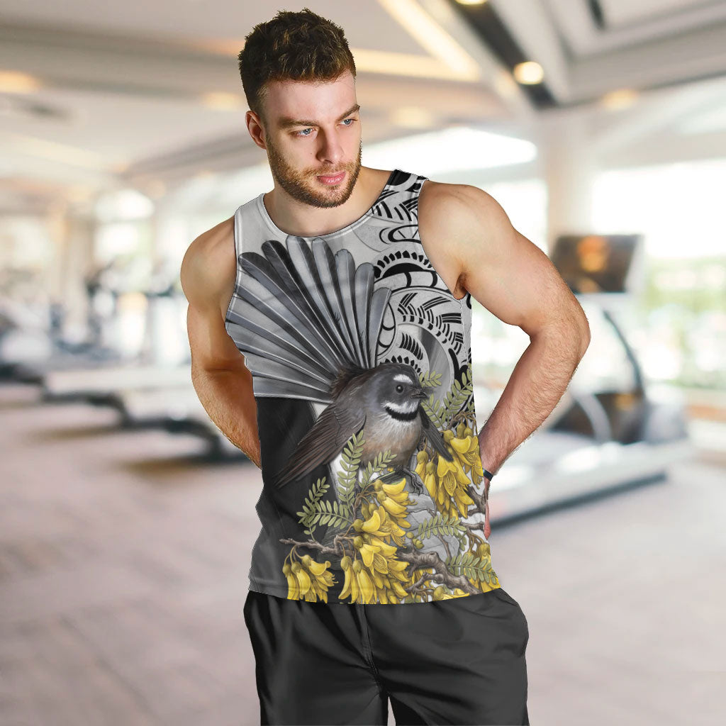 New Zealand Fantail Bird Men Tank Top Maori Piwakawaka Kowhai Maori Pattern LT22 Grey - Polynesian Pride