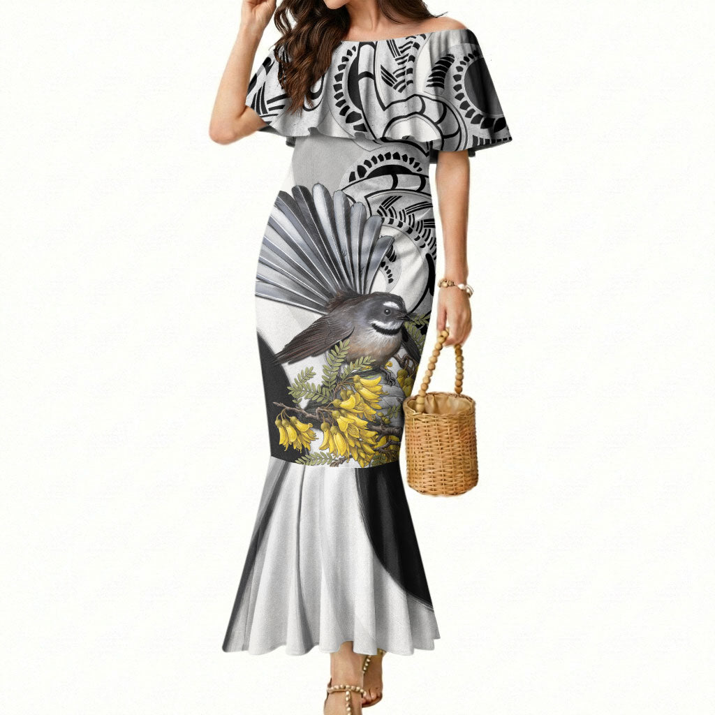New Zealand Fantail Bird Mermaid Dress Maori Piwakawaka Kowhai Maori Pattern LT22 Women Grey - Polynesian Pride