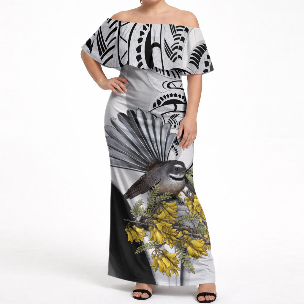 New Zealand Fantail Bird Off Shoulder Maxi Dress Maori Piwakawaka Kowhai Maori Pattern LT22 Women Grey - Polynesian Pride