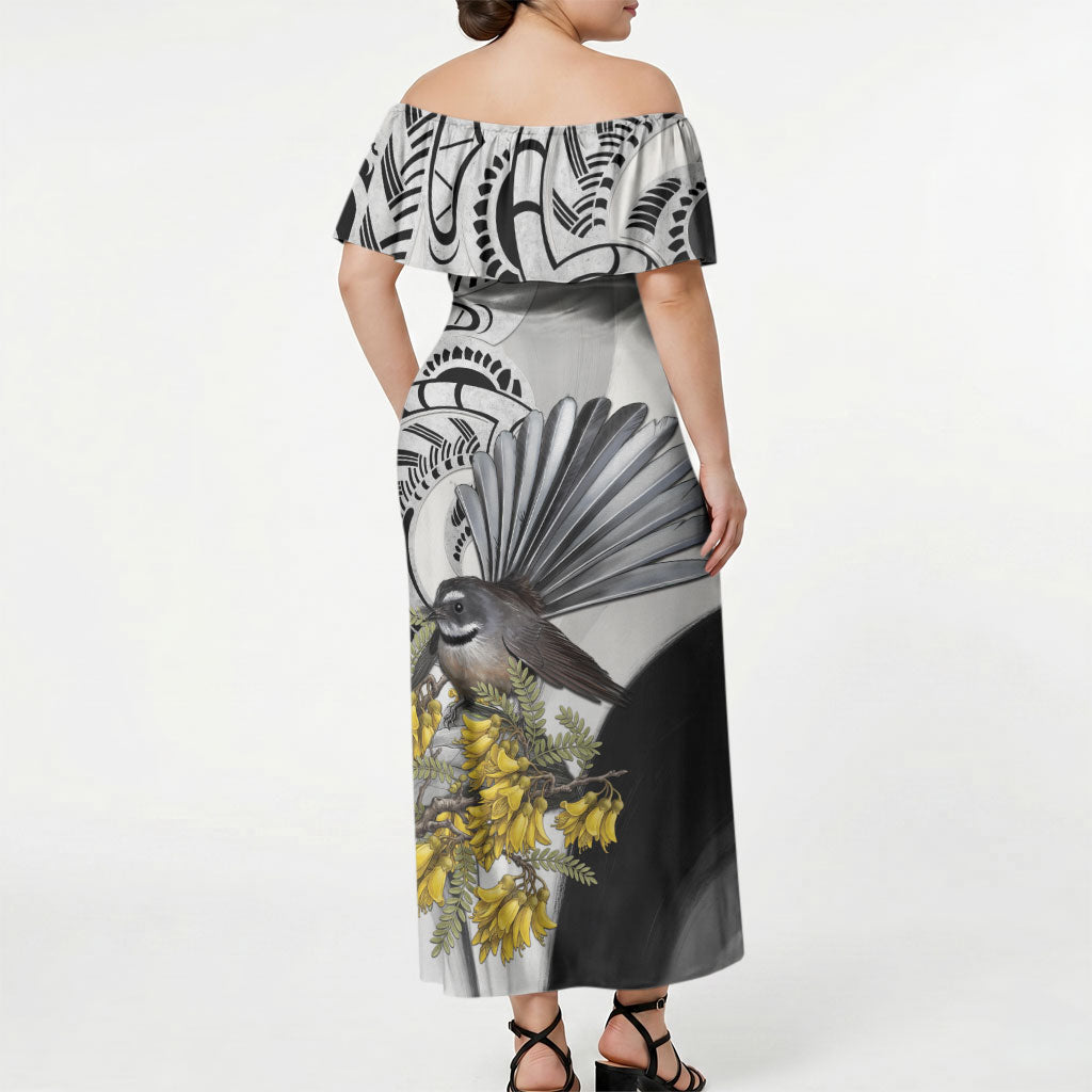 New Zealand Fantail Bird Off Shoulder Maxi Dress Maori Piwakawaka Kowhai Maori Pattern