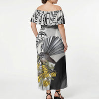 New Zealand Fantail Bird Off Shoulder Maxi Dress Maori Piwakawaka Kowhai Maori Pattern
