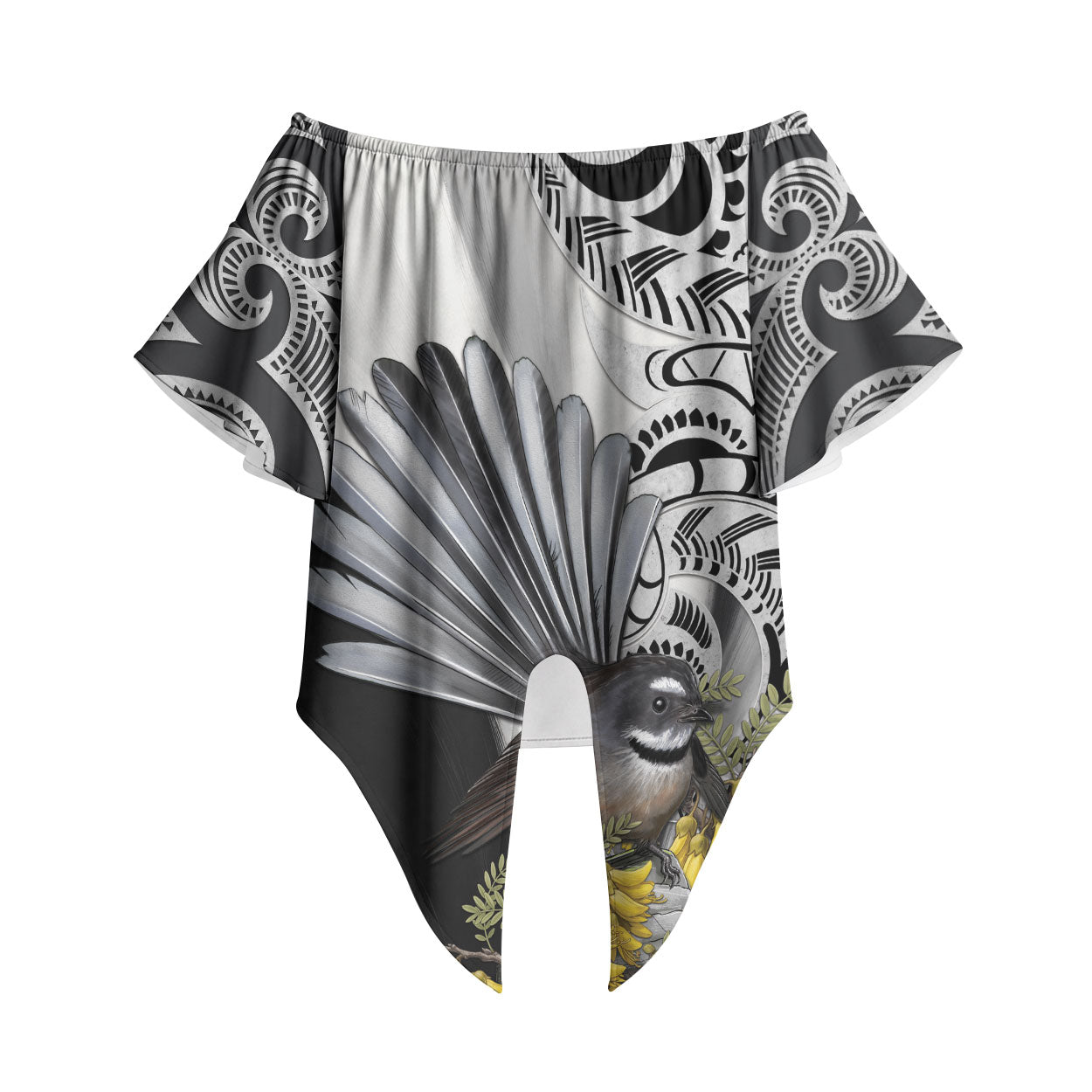 New Zealand Fantail Bird Off Shoulder Wrap Waist Top Maori Piwakawaka Kowhai Maori Pattern LT22 Grey - Polynesian Pride