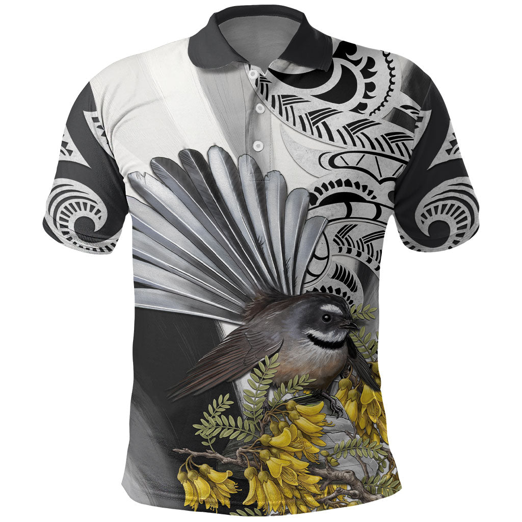New Zealand Fantail Bird Polo Shirt Maori Piwakawaka Kowhai Maori Pattern LT22 Grey - Polynesian Pride