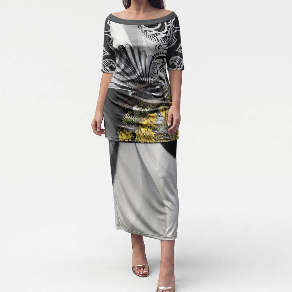 New Zealand Fantail Bird Puletasi Maori Piwakawaka Kowhai Maori Pattern LT22 Long Dress Grey - Polynesian Pride