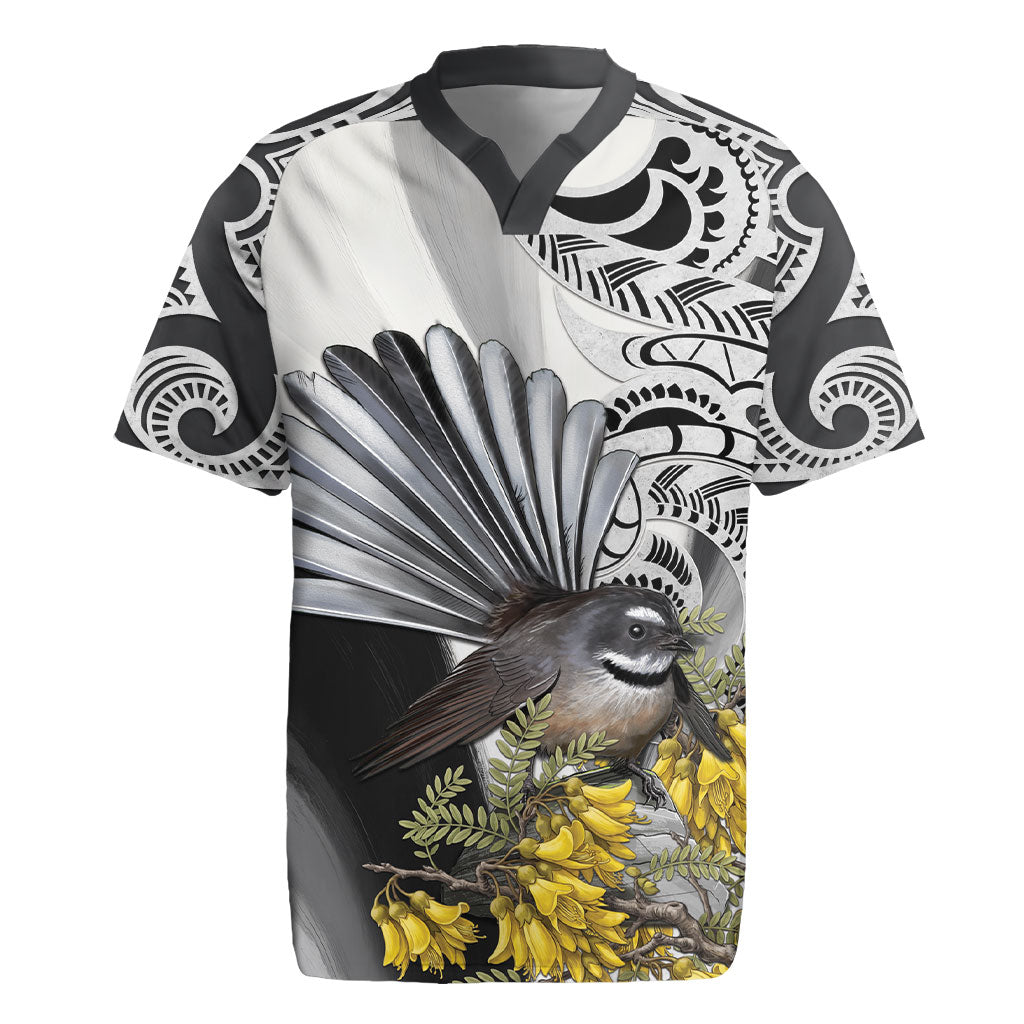 New Zealand Fantail Bird Rugby Jersey Maori Piwakawaka Kowhai Maori Pattern LT22 Grey - Polynesian Pride