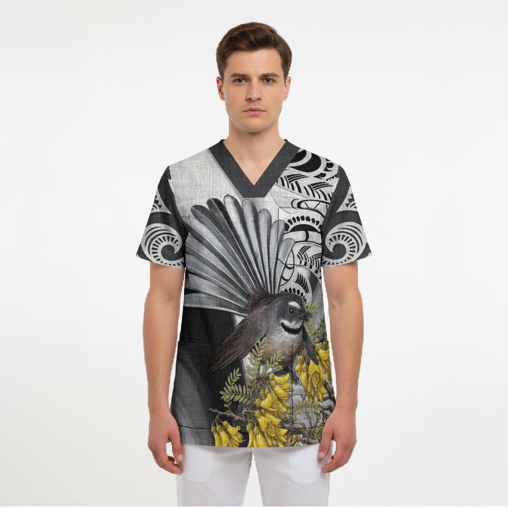 New Zealand Fantail Bird Scrub Top Maori Piwakawaka Kowhai Maori Pattern