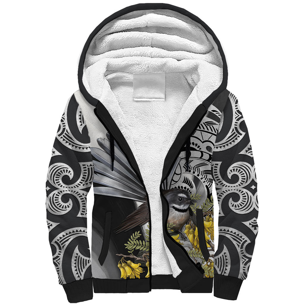 New Zealand Fantail Bird Sherpa Hoodie Maori Piwakawaka Kowhai Maori Pattern LT22 Unisex Grey - Polynesian Pride
