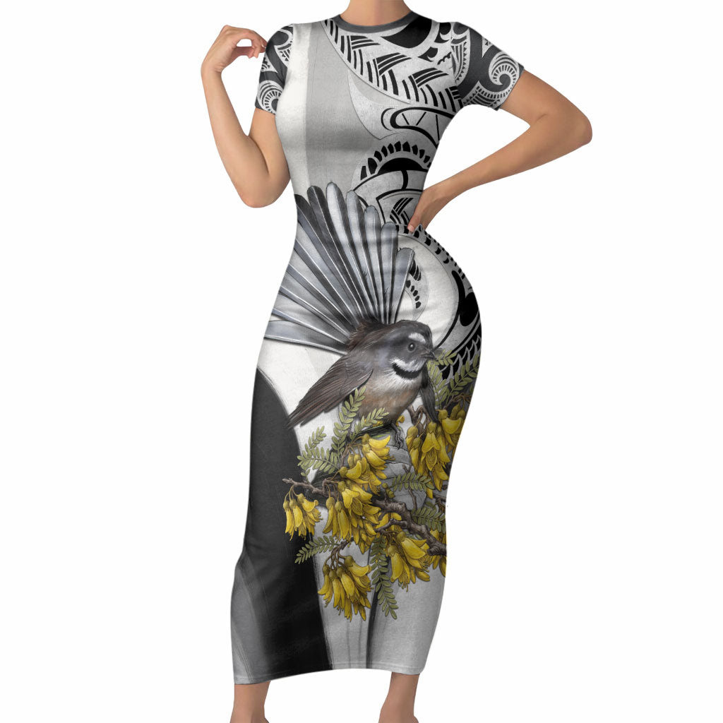 New Zealand Fantail Bird Short Sleeve Bodycon Dress Maori Piwakawaka Kowhai Maori Pattern LT22 Long Dress Grey - Polynesian Pride