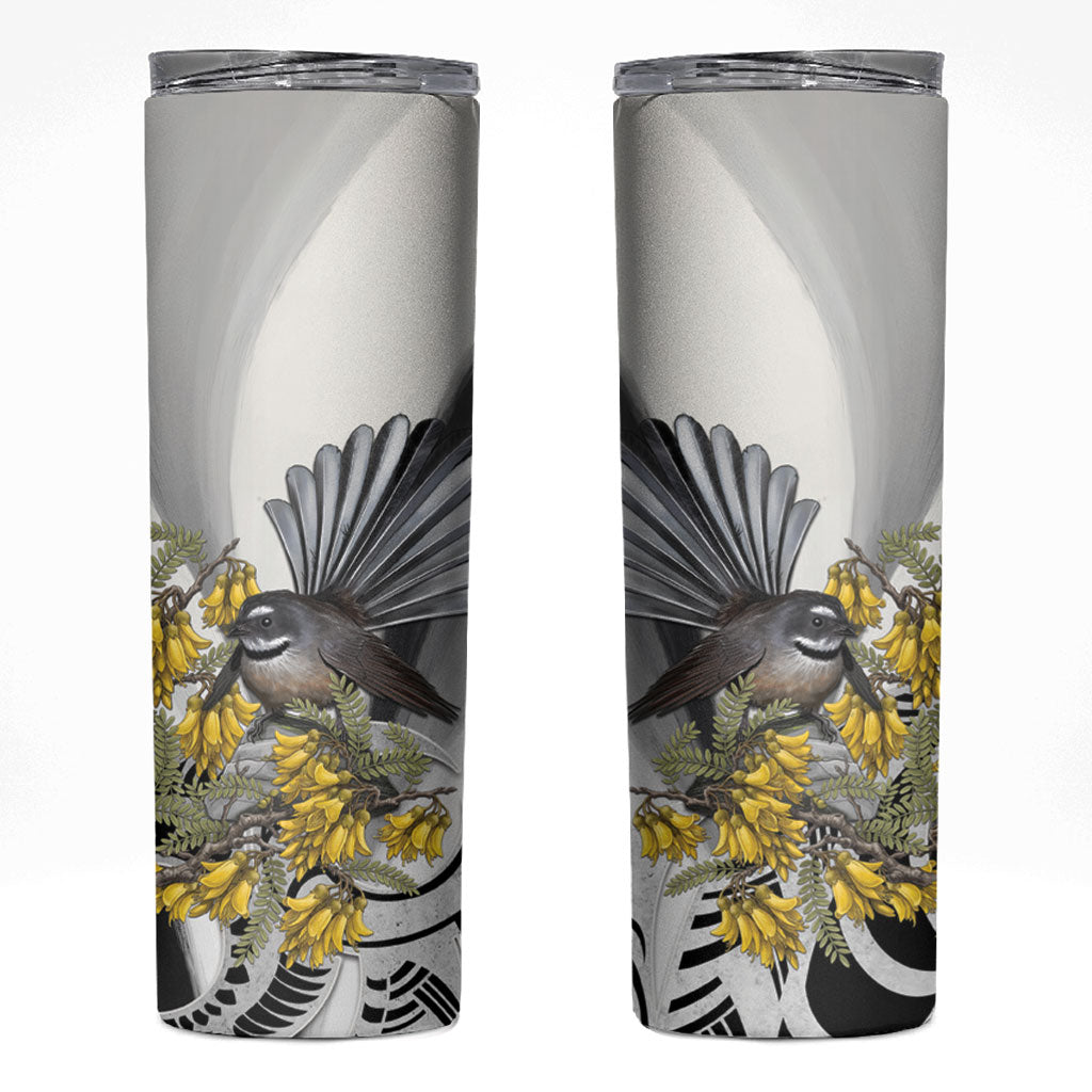 New Zealand Fantail Bird Skinny Tumbler Maori Piwakawaka Kowhai Maori Pattern LT22 Grey - Polynesian Pride