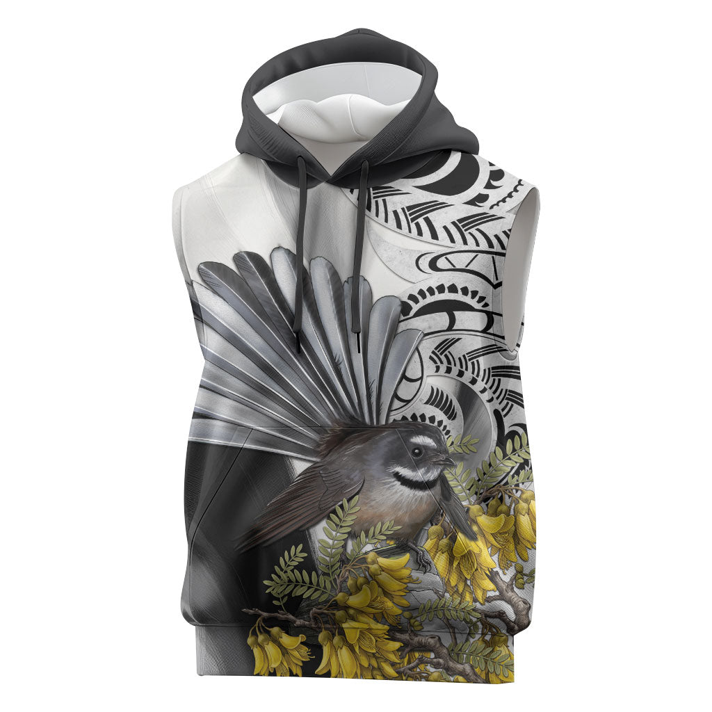 New Zealand Fantail Bird Sleeveless Hoodie Maori Piwakawaka Kowhai Maori Pattern LT22 Grey - Polynesian Pride