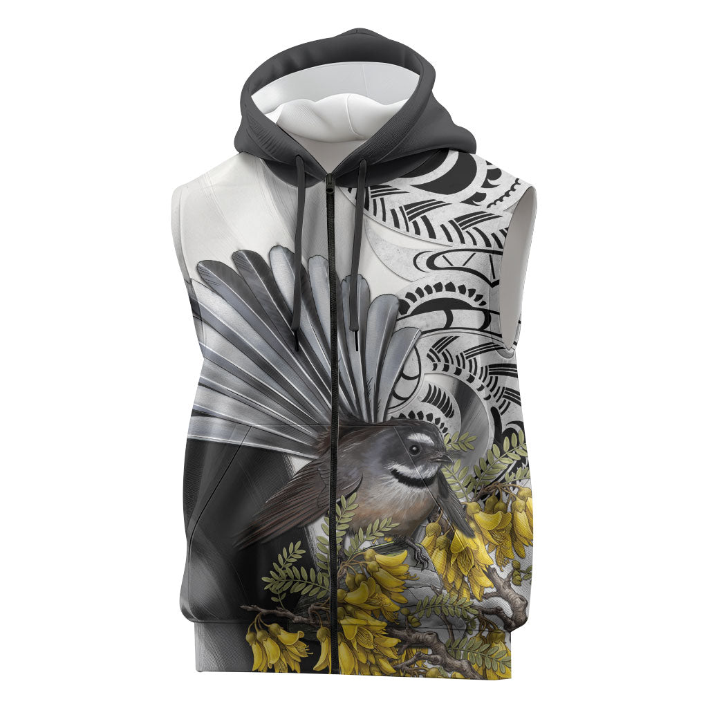 New Zealand Fantail Bird Sleeveless Zip Hoodie Maori Piwakawaka Kowhai Maori Pattern LT22 Grey - Polynesian Pride