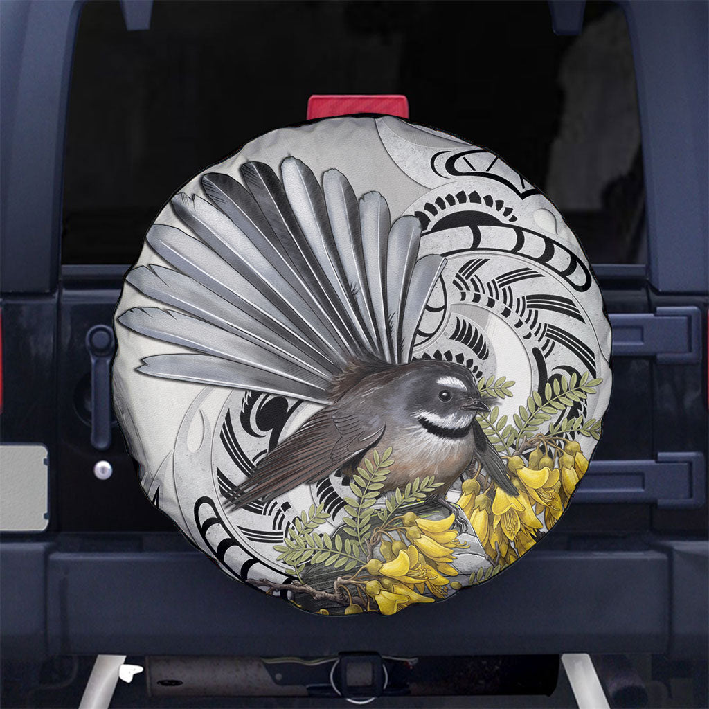 New Zealand Fantail Bird Spare Tire Cover Maori Piwakawaka Kowhai Maori Pattern LT22 No hole Grey - Polynesian Pride