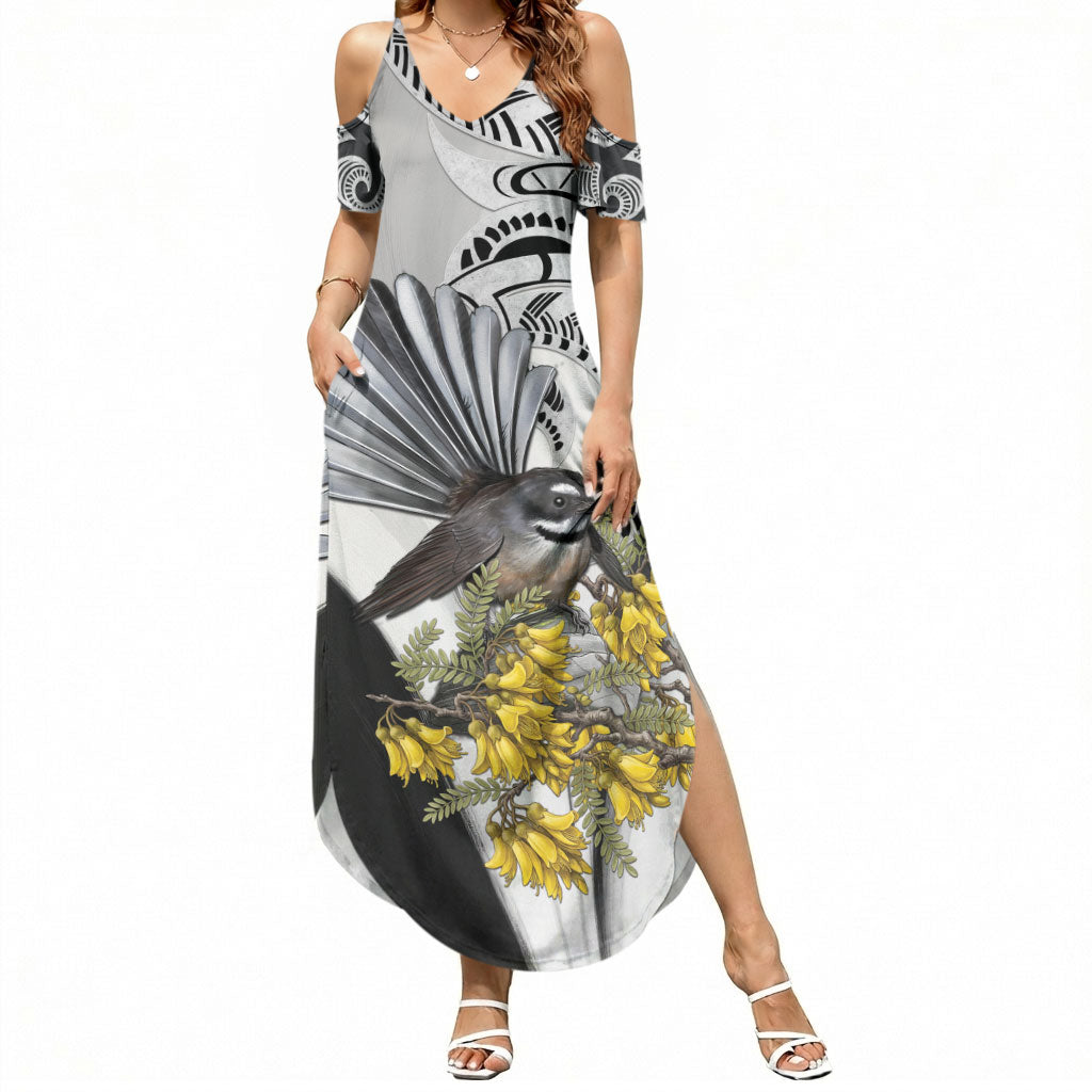 New Zealand Fantail Bird Summer Maxi Dress Maori Piwakawaka Kowhai Maori Pattern LT22 Women Grey - Polynesian Pride