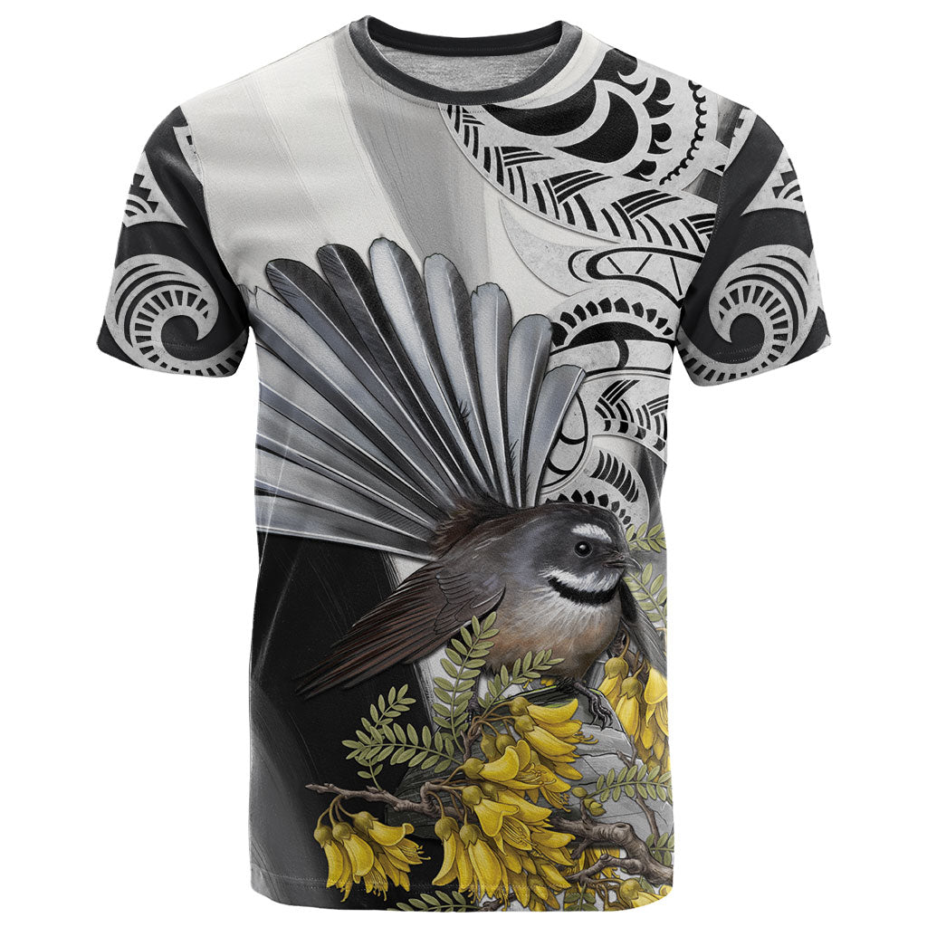 New Zealand Fantail Bird T Shirt Maori Piwakawaka Kowhai Maori Pattern LT22 Grey - Polynesian Pride
