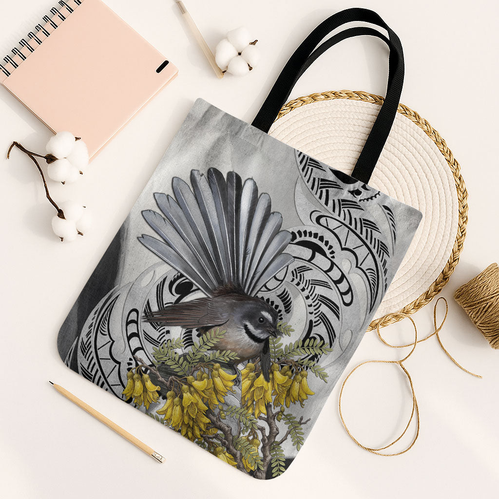 New Zealand Fantail Bird Tote Bag Maori Piwakawaka Kowhai Maori Pattern LT22 Black Strap One Size Grey - Polynesian Pride