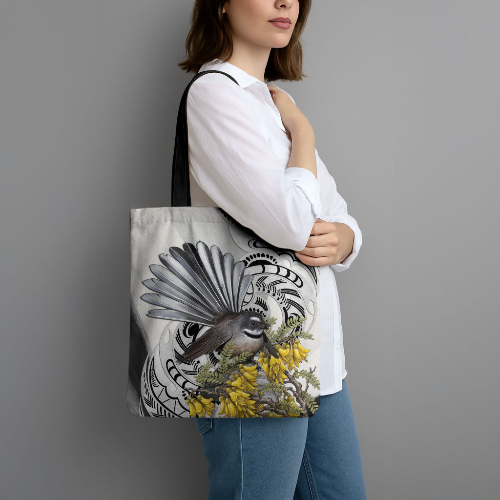 New Zealand Fantail Bird Tote Bag Maori Piwakawaka Kowhai Maori Pattern