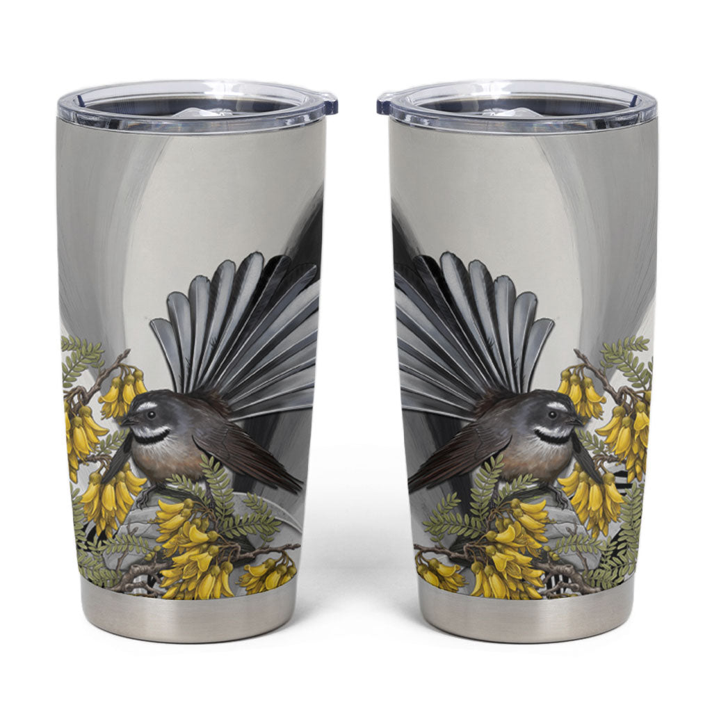 New Zealand Fantail Bird Tumbler Cup Maori Piwakawaka Kowhai Maori Pattern LT22 Grey - Polynesian Pride