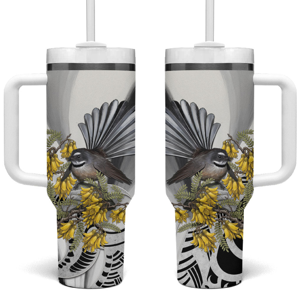 New Zealand Fantail Bird Tumbler With Handle Maori Piwakawaka Kowhai Maori Pattern LT22 One Size: 40 oz Grey - Polynesian Pride