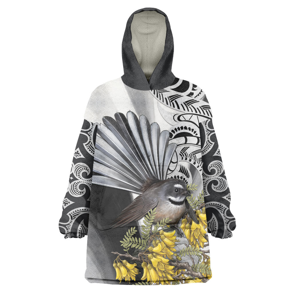 New Zealand Fantail Bird Wearable Blanket Hoodie Maori Piwakawaka Kowhai Maori Pattern LT22 One Size Grey - Polynesian Pride