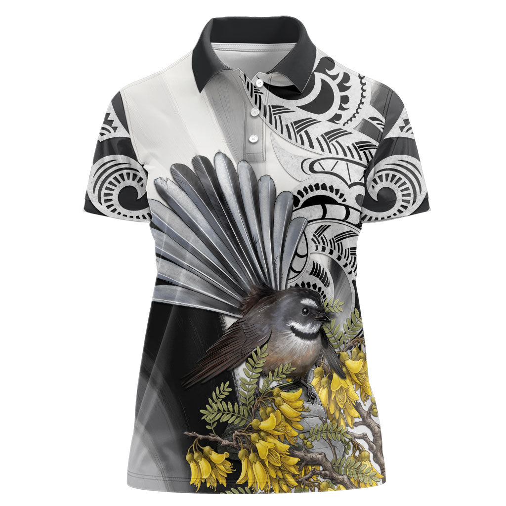 New Zealand Fantail Bird Women Polo Shirt Maori Piwakawaka Kowhai Maori Pattern LT22 Female Grey - Polynesian Pride