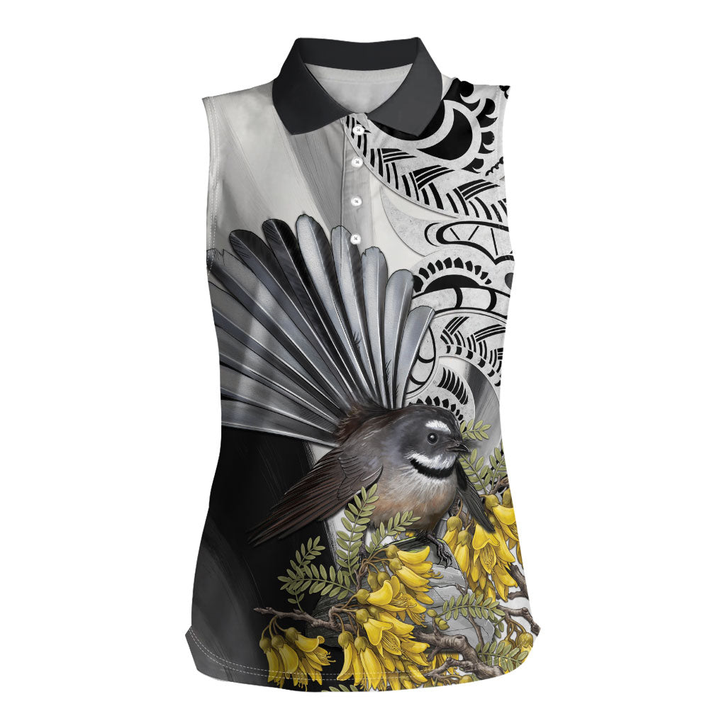 New Zealand Fantail Bird Women Sleeveless Polo Shirt Maori Piwakawaka Kowhai Maori Pattern LT22 Female Grey - Polynesian Pride