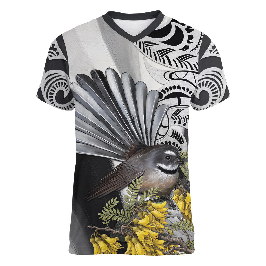 New Zealand Fantail Bird Women V-Neck T-Shirt Maori Piwakawaka Kowhai Maori Pattern LT22 Female Grey - Polynesian Pride