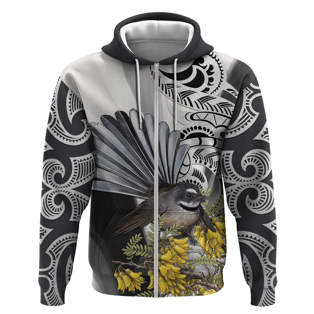 New Zealand Fantail Bird Zip Hoodie Maori Piwakawaka Kowhai Maori Pattern LT22 Zip Hoodie Grey - Polynesian Pride