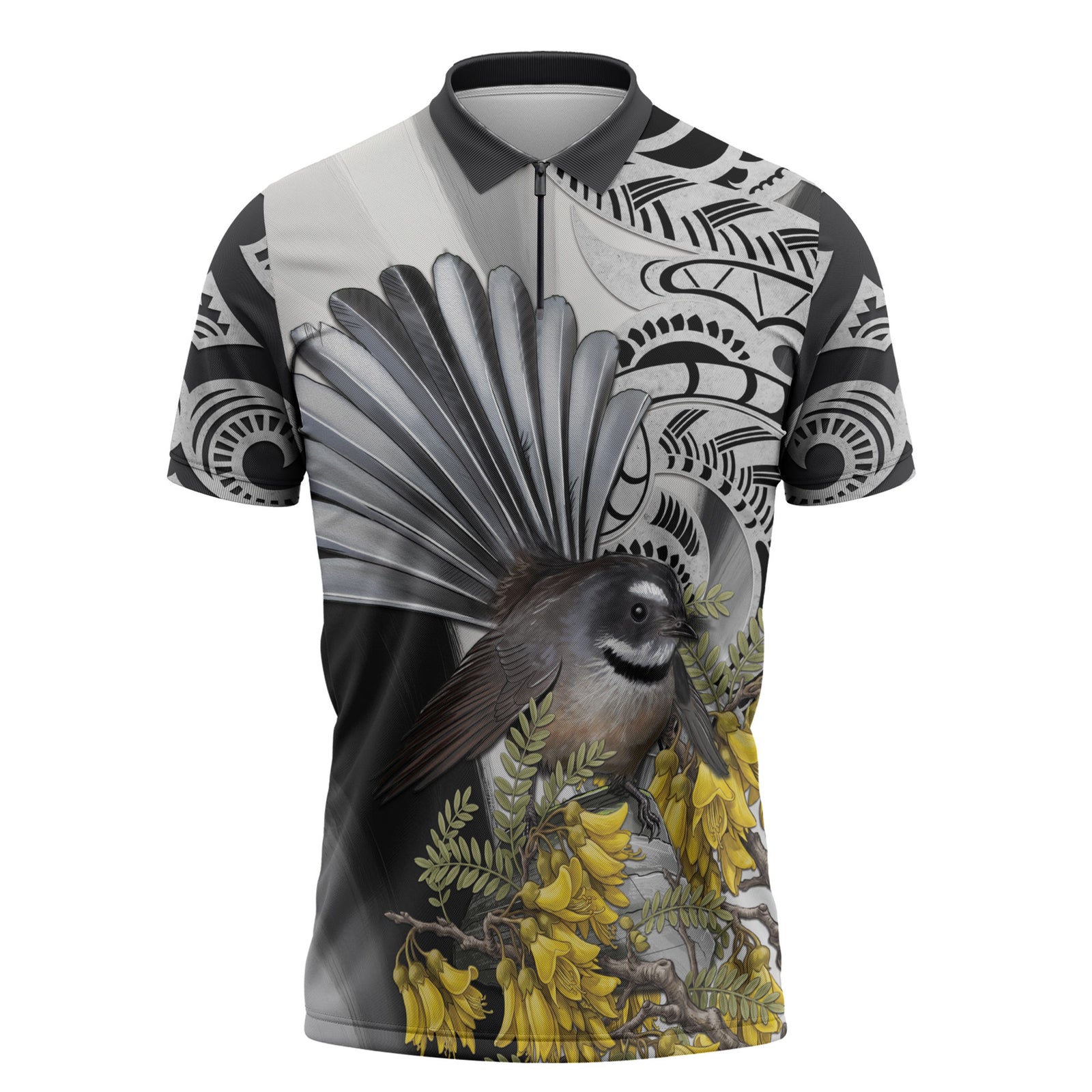New Zealand Fantail Bird Zipper Polo Shirt Maori Piwakawaka Kowhai Maori Pattern LT22 Grey - Polynesian Pride