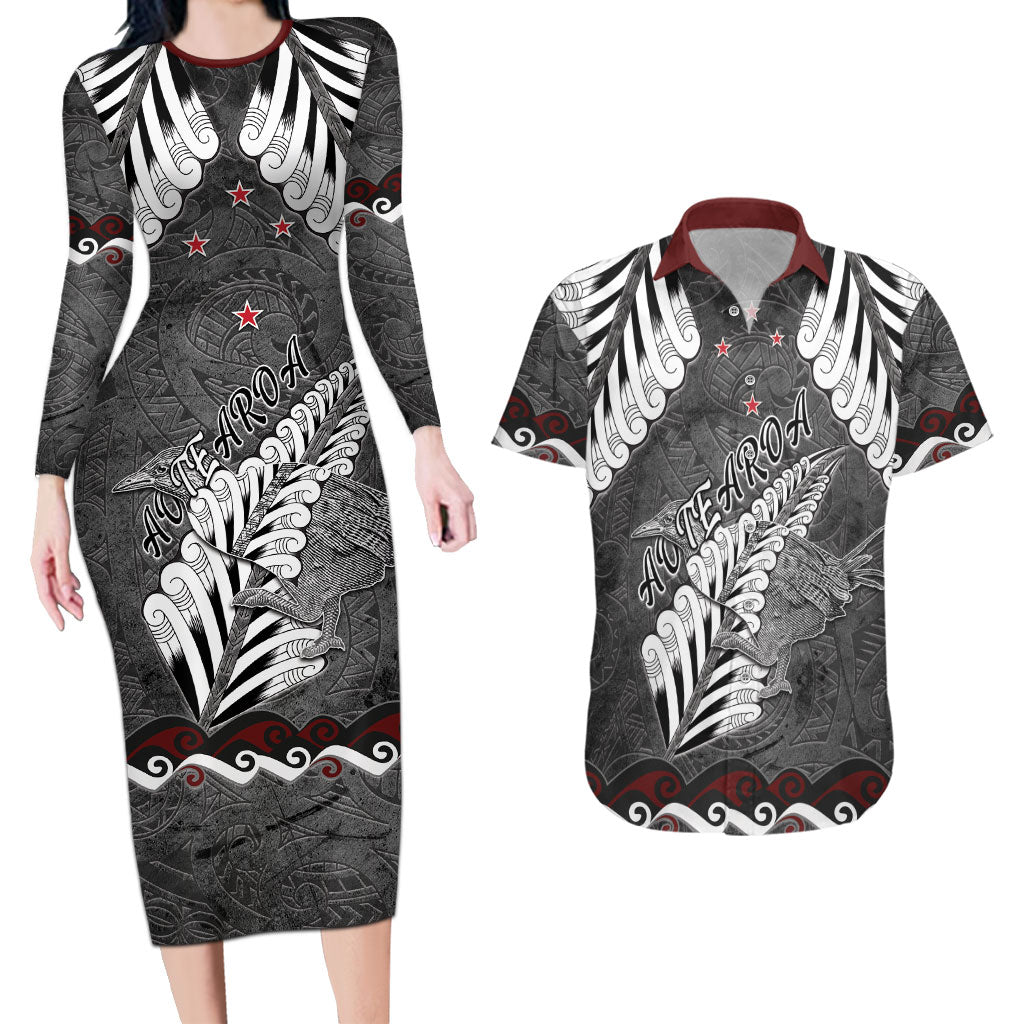 New Zealand Weka Personalised Couples Matching Long Sleeve Bodycon Dress and Hawaiian Shirt Aotearoa Hen Silver Fern Maori Pattern LT22 Black - Polynesian Pride