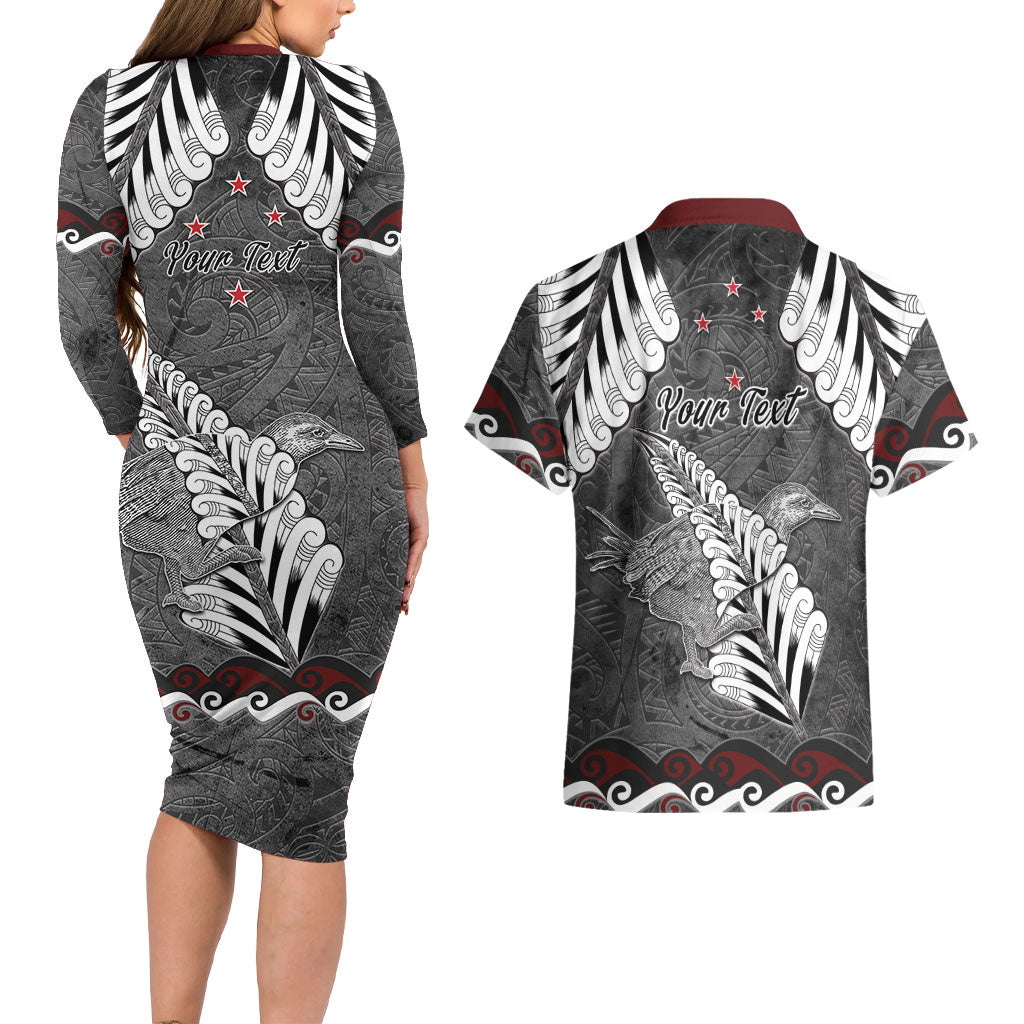 New Zealand Weka Personalised Couples Matching Long Sleeve Bodycon Dress and Hawaiian Shirt Aotearoa Hen Silver Fern Maori Pattern LT22 - Polynesian Pride