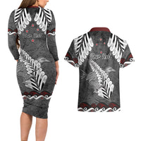 New Zealand Weka Personalised Couples Matching Long Sleeve Bodycon Dress and Hawaiian Shirt Aotearoa Hen Silver Fern Maori Pattern LT22 - Polynesian Pride