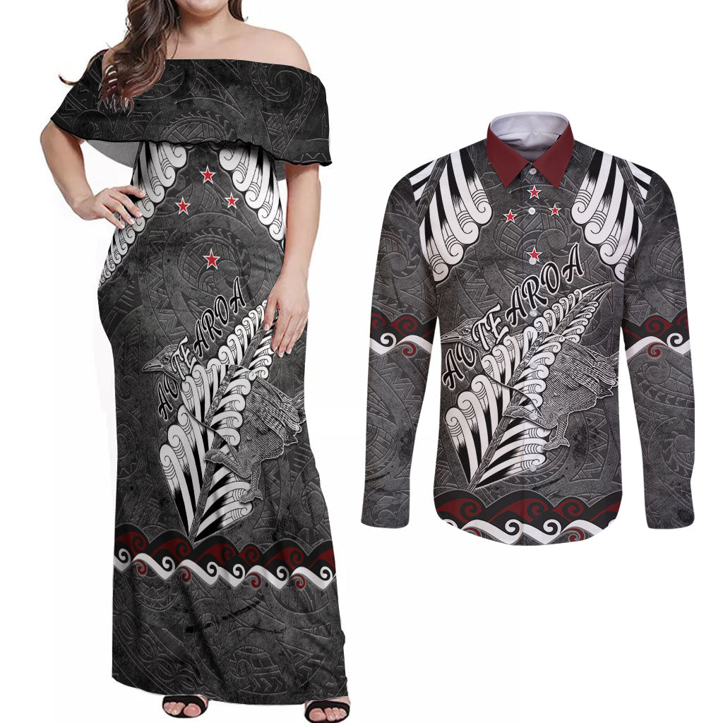 New Zealand Weka Personalised Couples Matching Off Shoulder Maxi Dress and Long Sleeve Button Shirt Aotearoa Hen Silver Fern Maori Pattern LT22 Black - Polynesian Pride