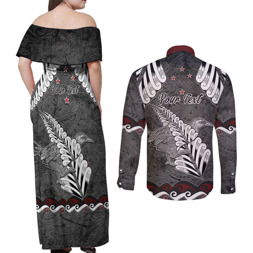 New Zealand Weka Personalised Couples Matching Off Shoulder Maxi Dress and Long Sleeve Button Shirt Aotearoa Hen Silver Fern Maori Pattern LT22 - Polynesian Pride