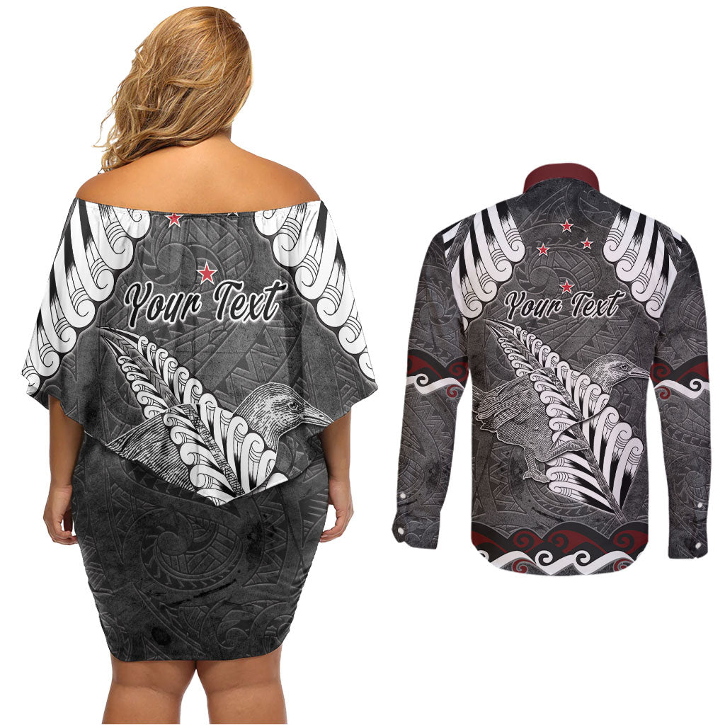 New Zealand Weka Personalised Couples Matching Off Shoulder Short Dress and Long Sleeve Button Shirt Aotearoa Hen Silver Fern Maori Pattern LT22 - Polynesian Pride