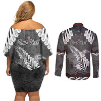 New Zealand Weka Personalised Couples Matching Off Shoulder Short Dress and Long Sleeve Button Shirt Aotearoa Hen Silver Fern Maori Pattern LT22 - Polynesian Pride